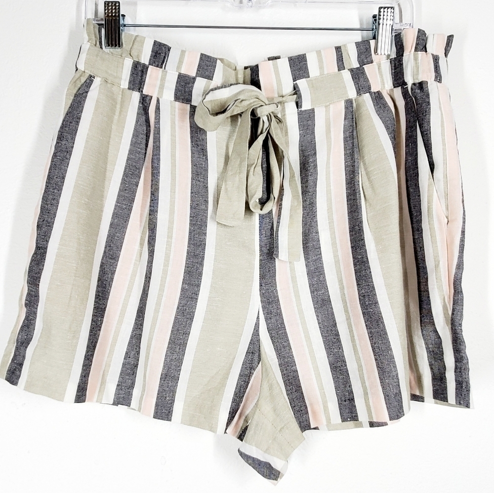 EXPRESS SHORTIE SUPER HIGH RISE LINEN BLEND STRIPED BELTED SHORTS